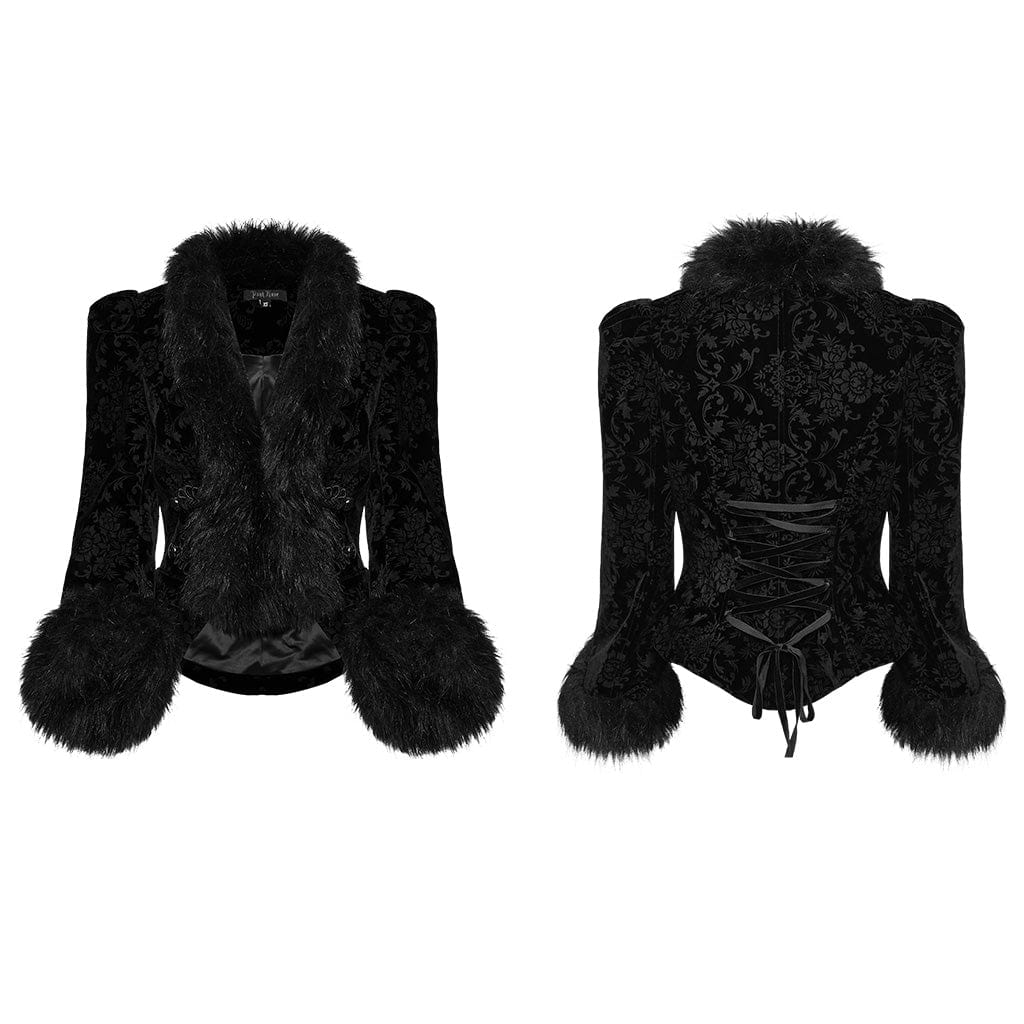 PUNK RAVE Women's Gothic Plunging Faux Fur Splice Velvet Coat