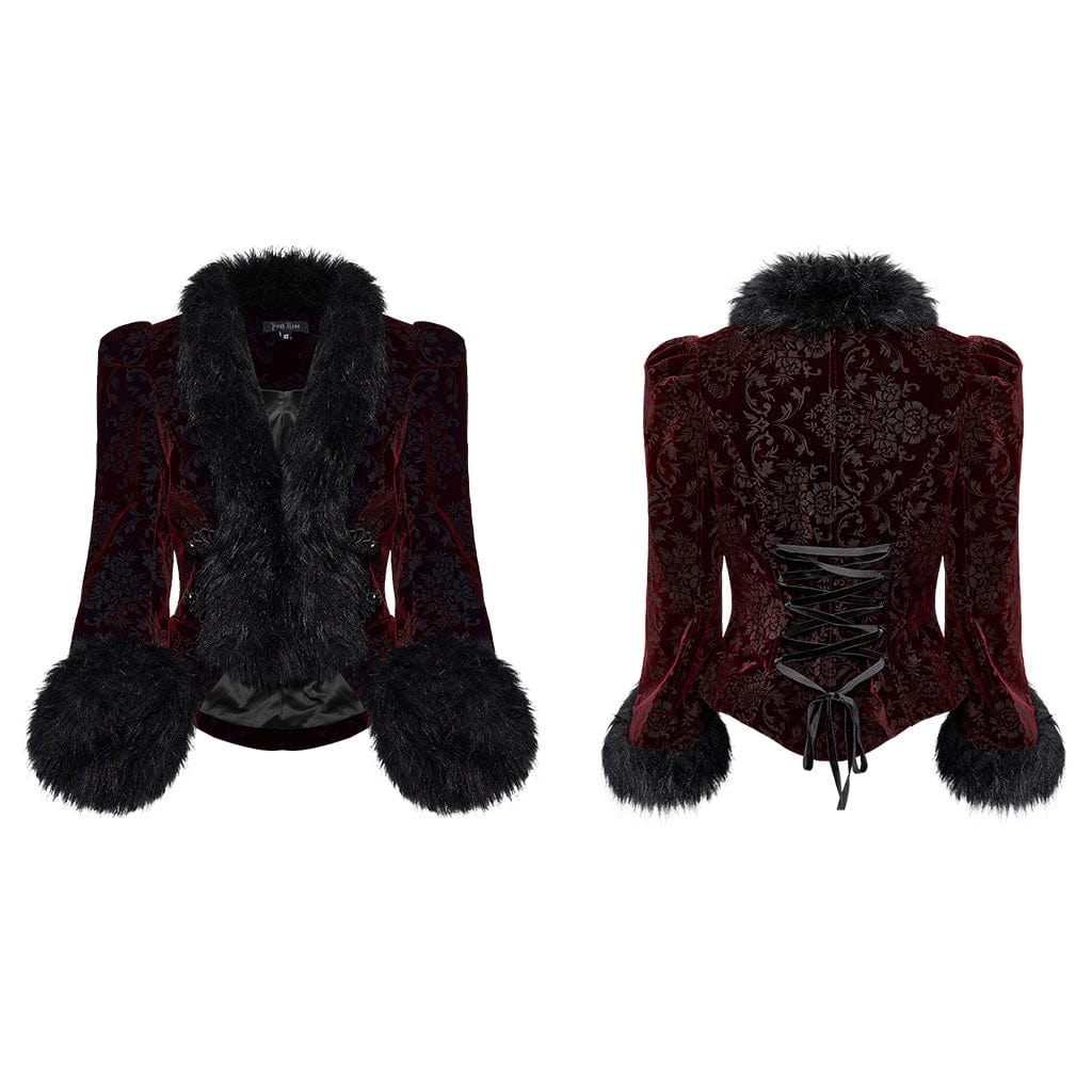 PUNK RAVE Women's Gothic Plunging Faux Fur Splice Velvet Coat