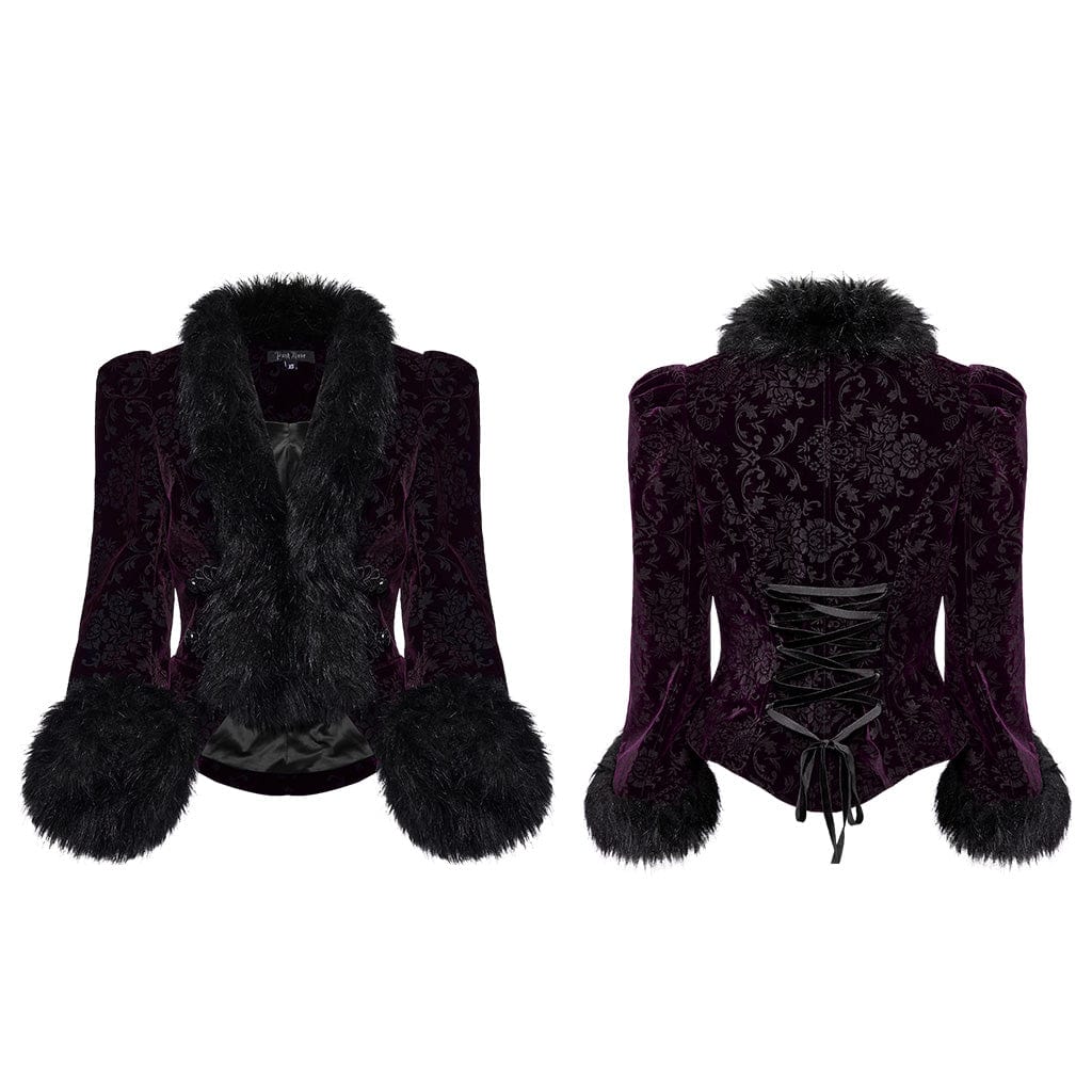 PUNK RAVE Women's Gothic Plunging Faux Fur Splice Velvet Coat