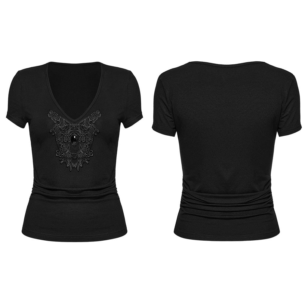 PUNK RAVE Women's Gothic Plunging Floral Embroidered T-shirt