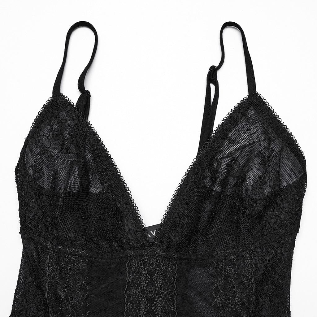 PUNK RAVE Women's Gothic Plunging Lace Evening Slip Dress