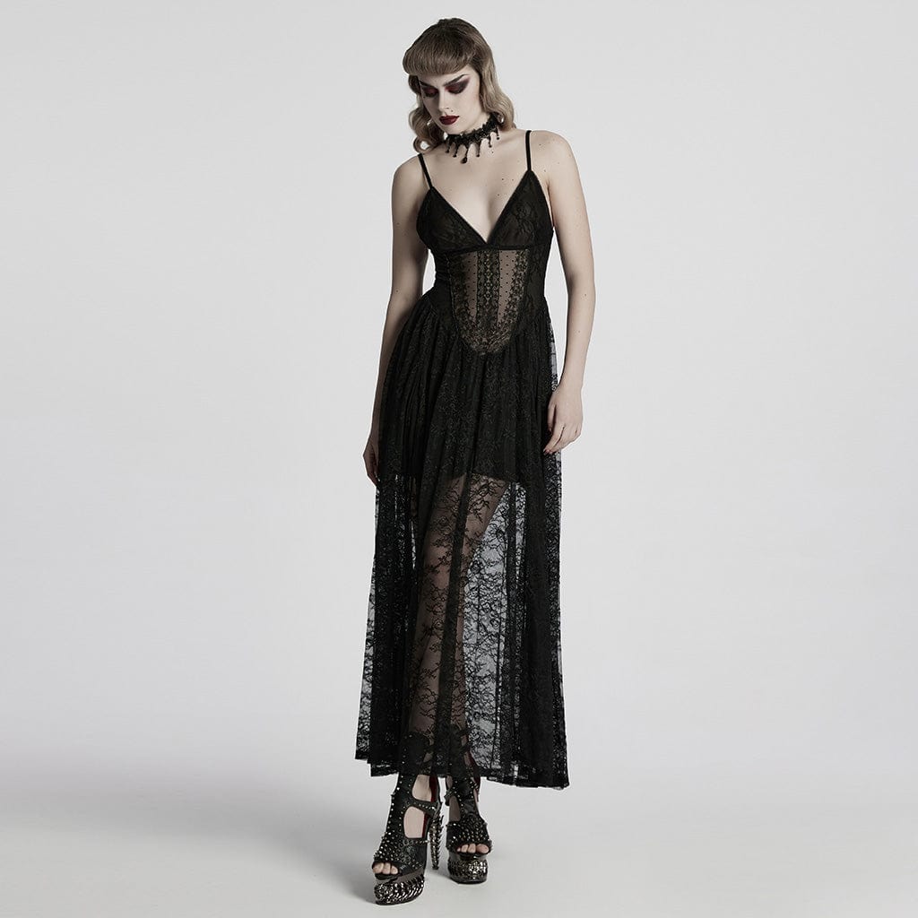 PUNK RAVE Women's Gothic Plunging Lace Evening Slip Dress