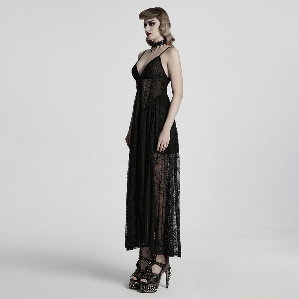 PUNK RAVE Women's Gothic Plunging Lace Evening Slip Dress