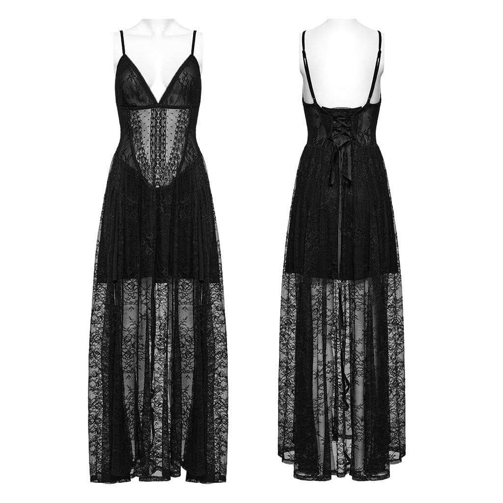 PUNK RAVE Women's Gothic Plunging Lace Evening Slip Dress