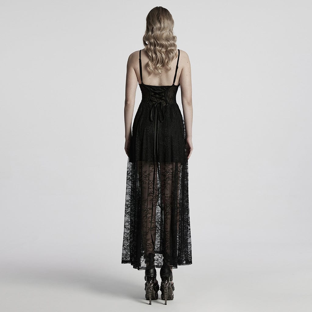 PUNK RAVE Women's Gothic Plunging Lace Evening Slip Dress