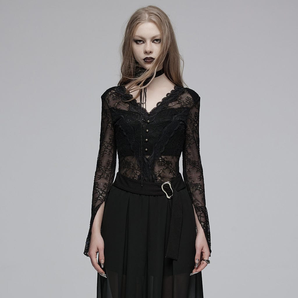 PUNK RAVE Women's Gothic Plunging Lace Shirt