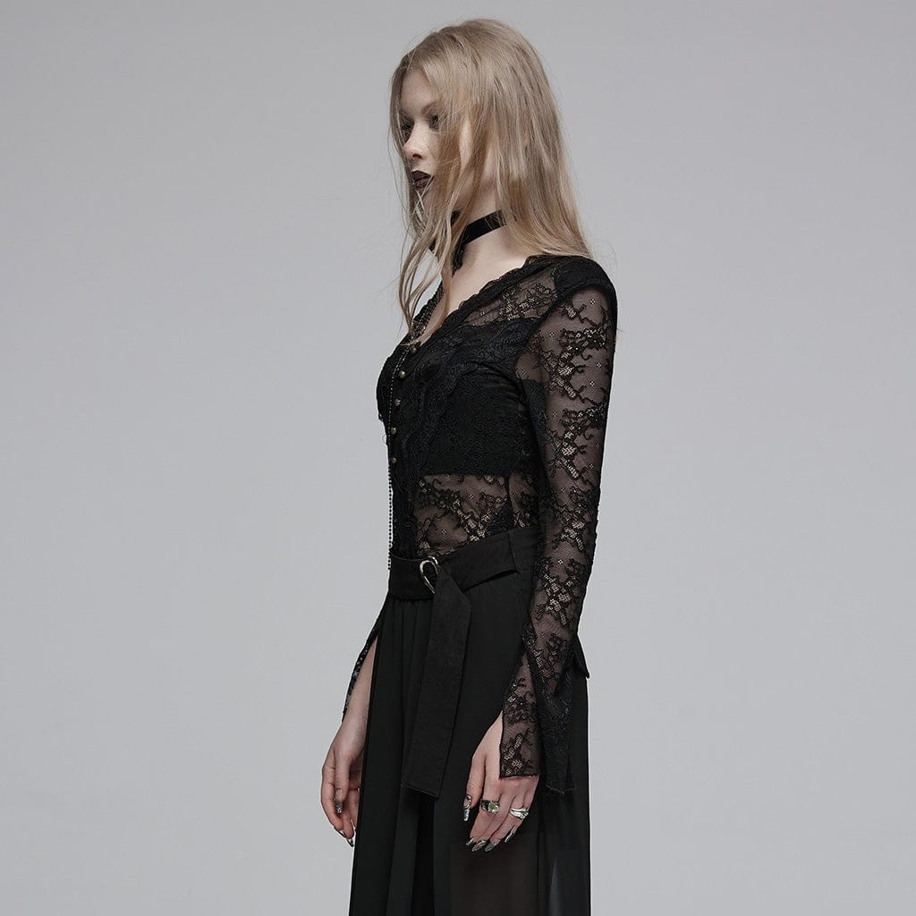 PUNK RAVE Women's Gothic Plunging Lace Shirt