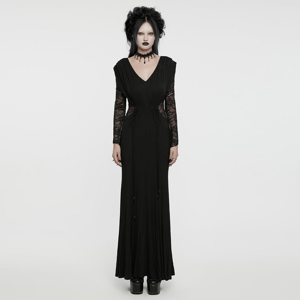 PUNK RAVE Women's Gothic Plunging Lace-Splice Drawstring Honeymoon Dress