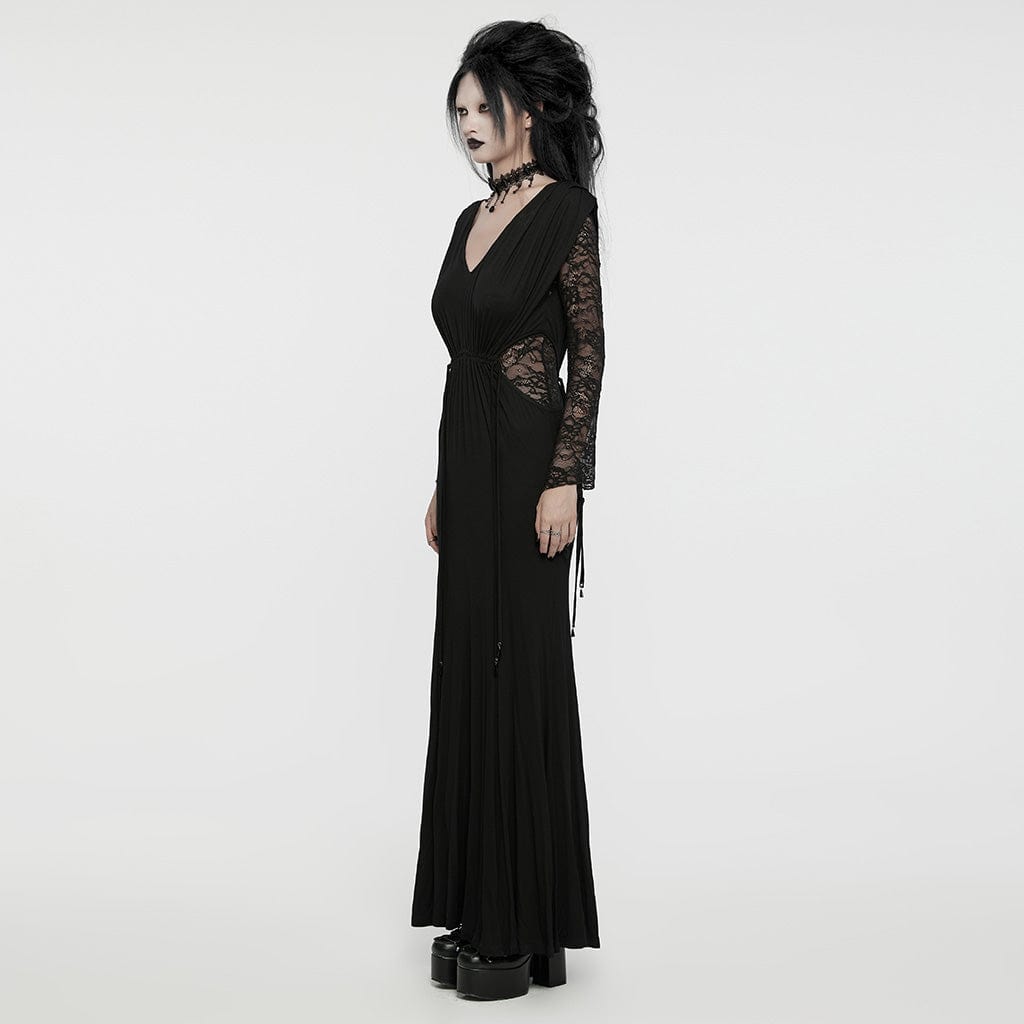 PUNK RAVE Women's Gothic Plunging Lace-Splice Drawstring Honeymoon Dress