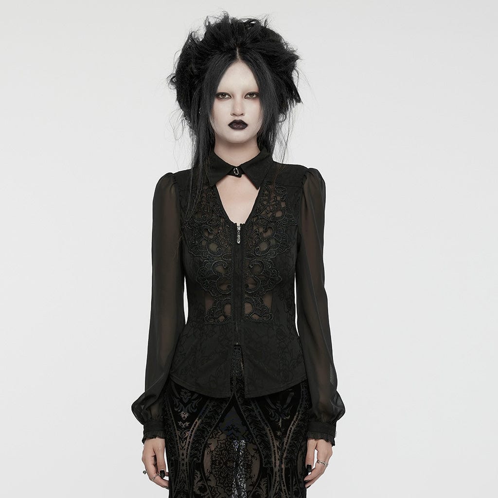 PUNK RAVE Women's Gothic Plunging Puff Sleeved Chiffon Shirt