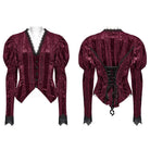PUNK RAVE Women's Gothic Plunging Puff Sleeved Velvet Shirt Red