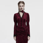 PUNK RAVE Women's Gothic Plunging Puff Sleeved Velvet Shirt Red