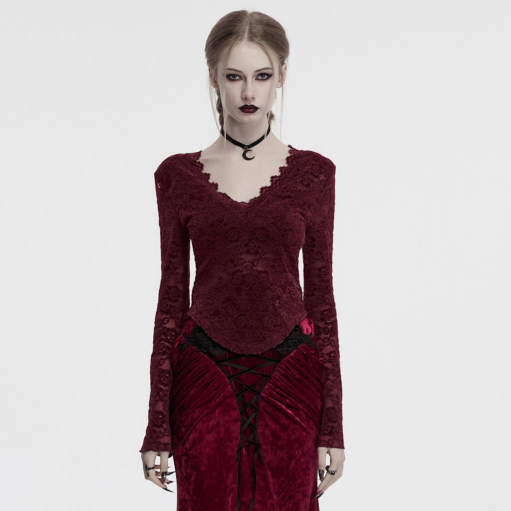 PUNK RAVE Women's Gothic Plunging Sheer Lace Shirt Red
