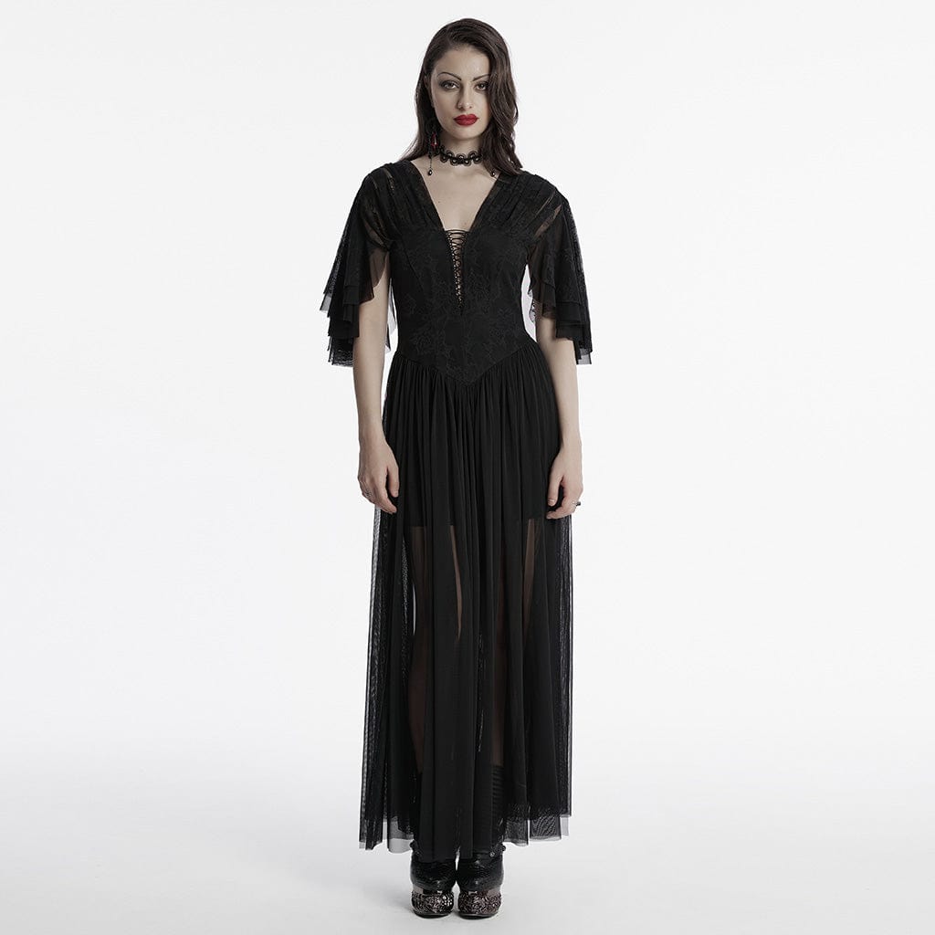 PUNK RAVE Women's Gothic Plunging Side Slit Mesh Evening Dress Black