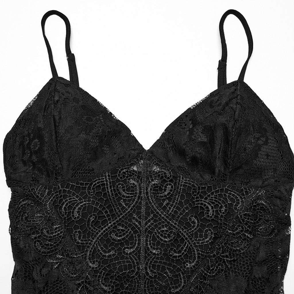 PUNK RAVE Women's Gothic Plunging Split Lace Evening Slip Dress