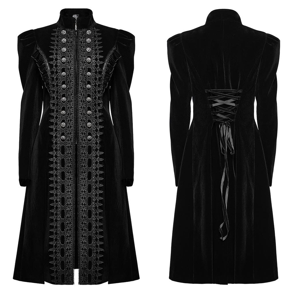 PUNK RAVE Women's Gothic Puff Sleeved Floral Embroidered Coat Black