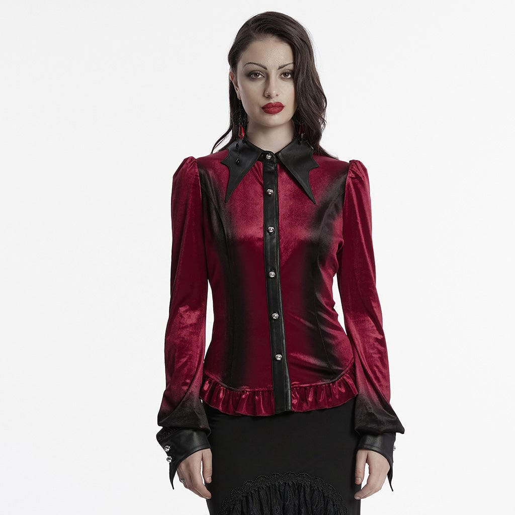 PUNK RAVE Women's Gothic Puff Sleeved Gradient Velvet Shirt Red