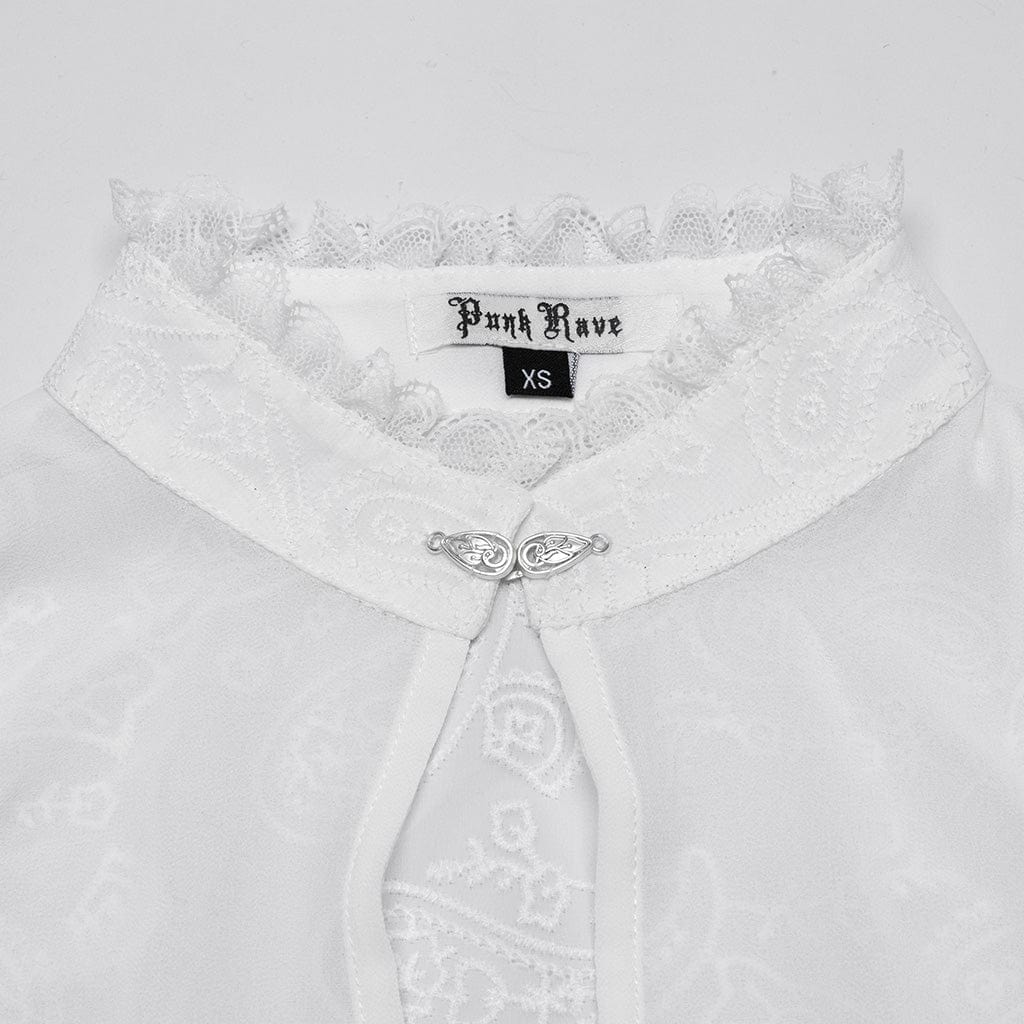 PUNK RAVE Women's Gothic Puff Sleeved Lace Hem Shirt