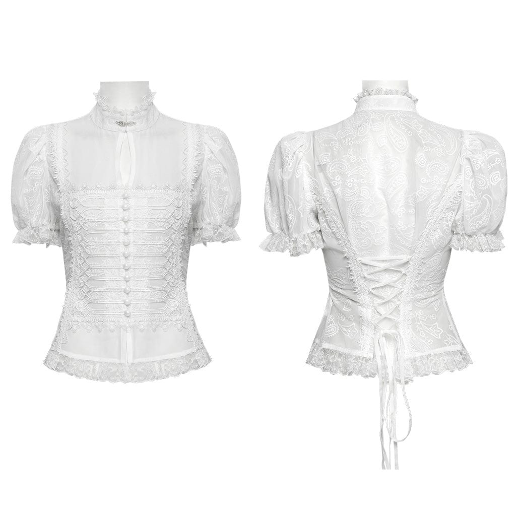 PUNK RAVE Women's Gothic Puff Sleeved Lace Hem Shirt