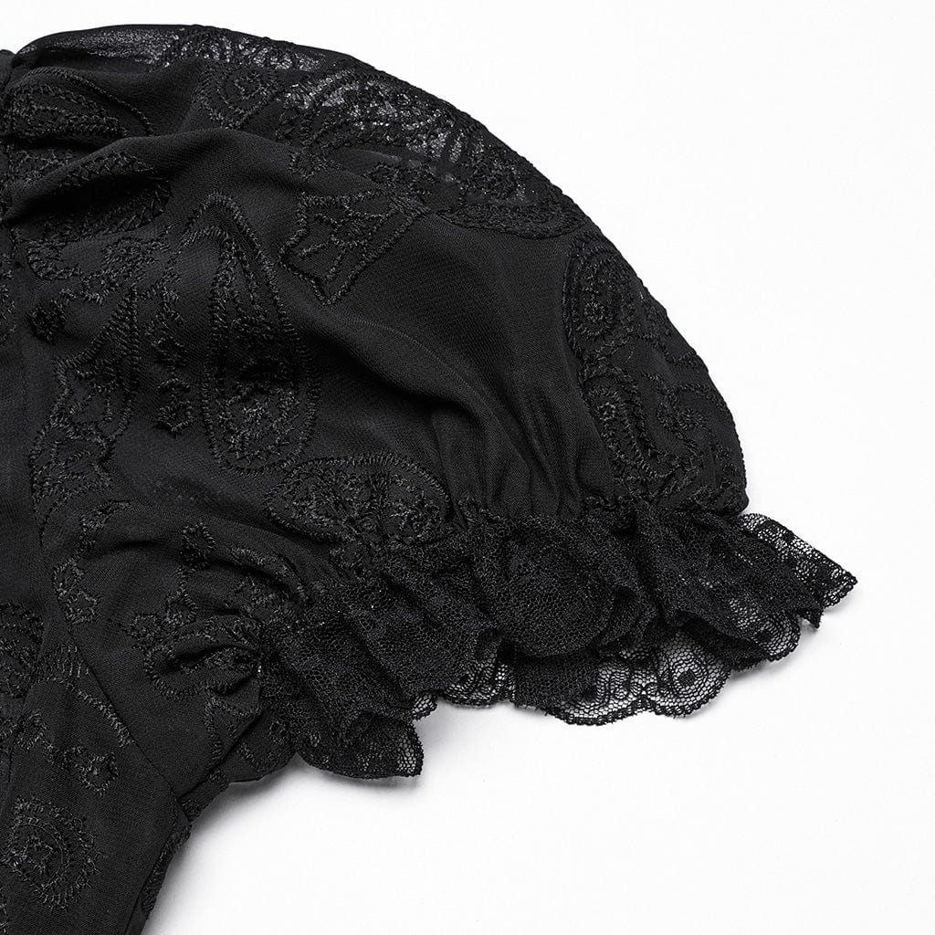 PUNK RAVE Women's Gothic Puff Sleeved Lace Splice Chiffon Shirt