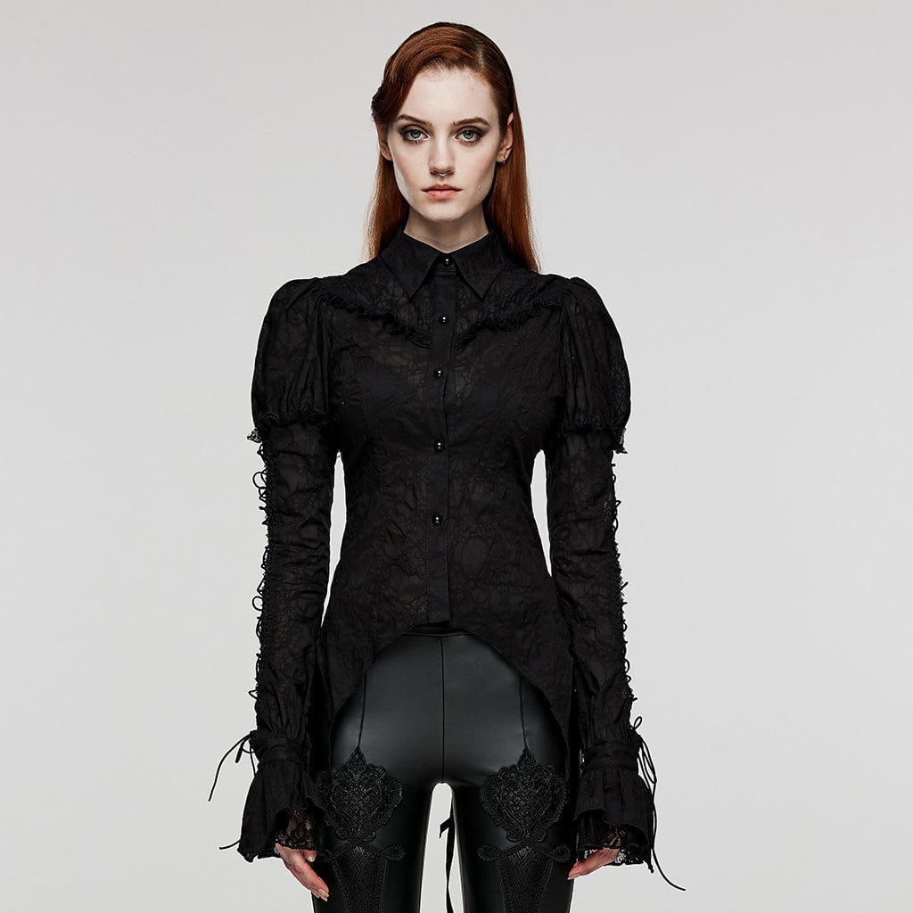 PUNK RAVE Women's Gothic Puff Sleeved Lace Splice Shirt Black