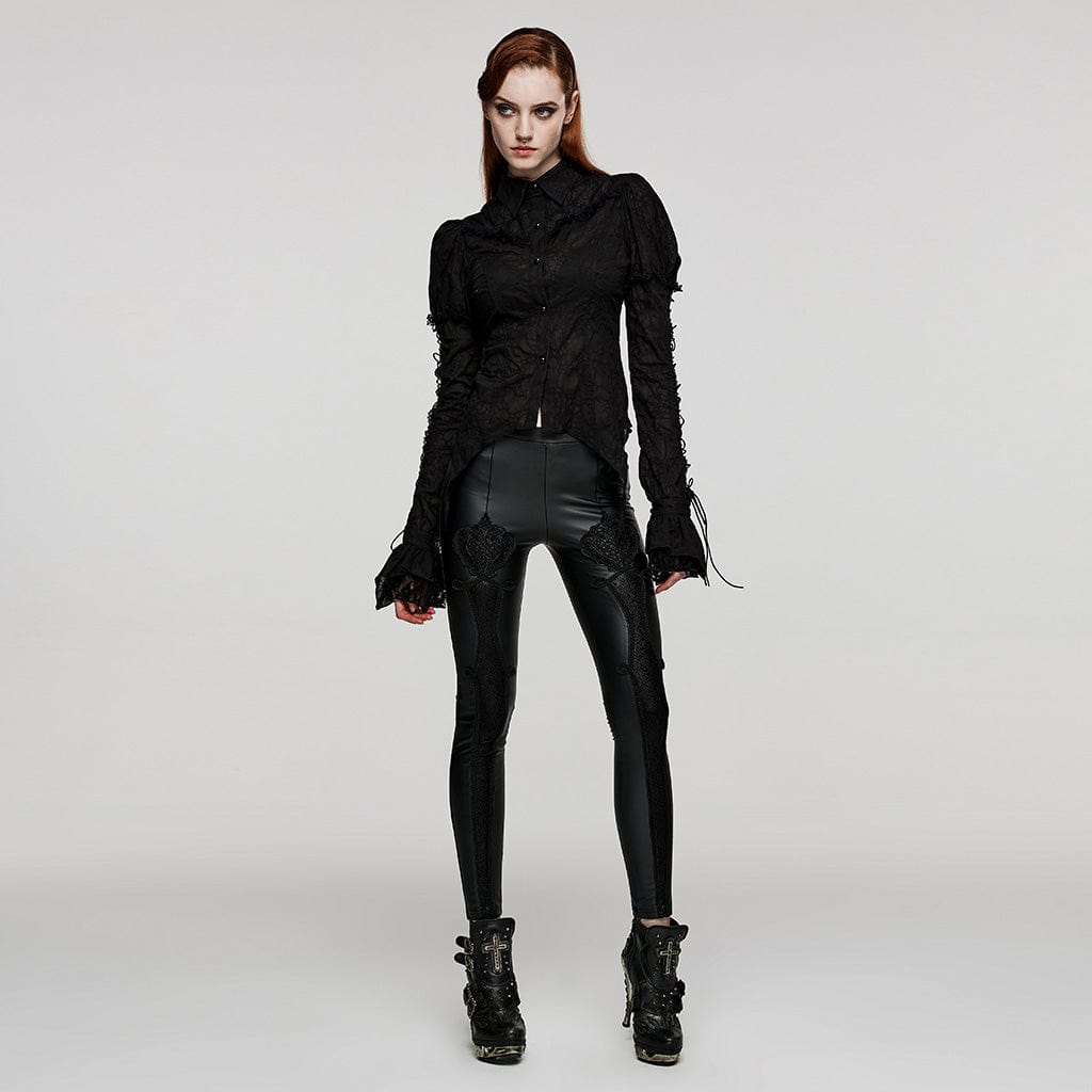 PUNK RAVE Women's Gothic Puff Sleeved Lace Splice Shirt Black