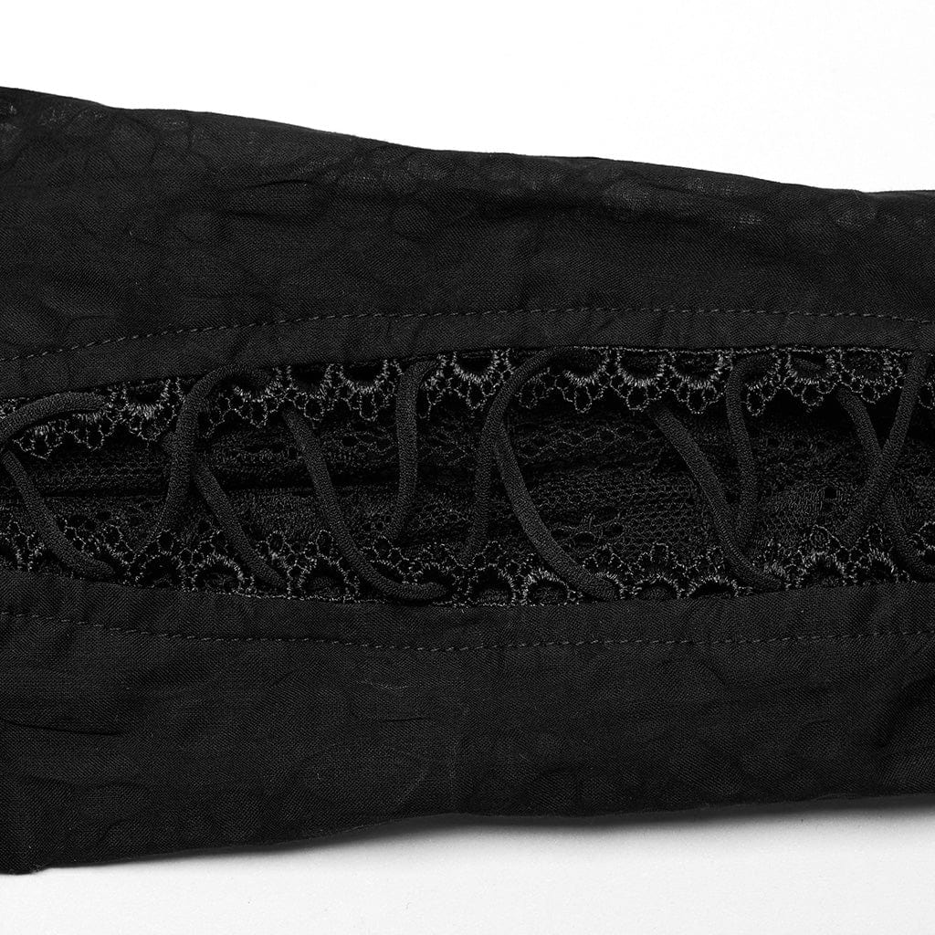 PUNK RAVE Women's Gothic Puff Sleeved Lace Splice Shirt Black