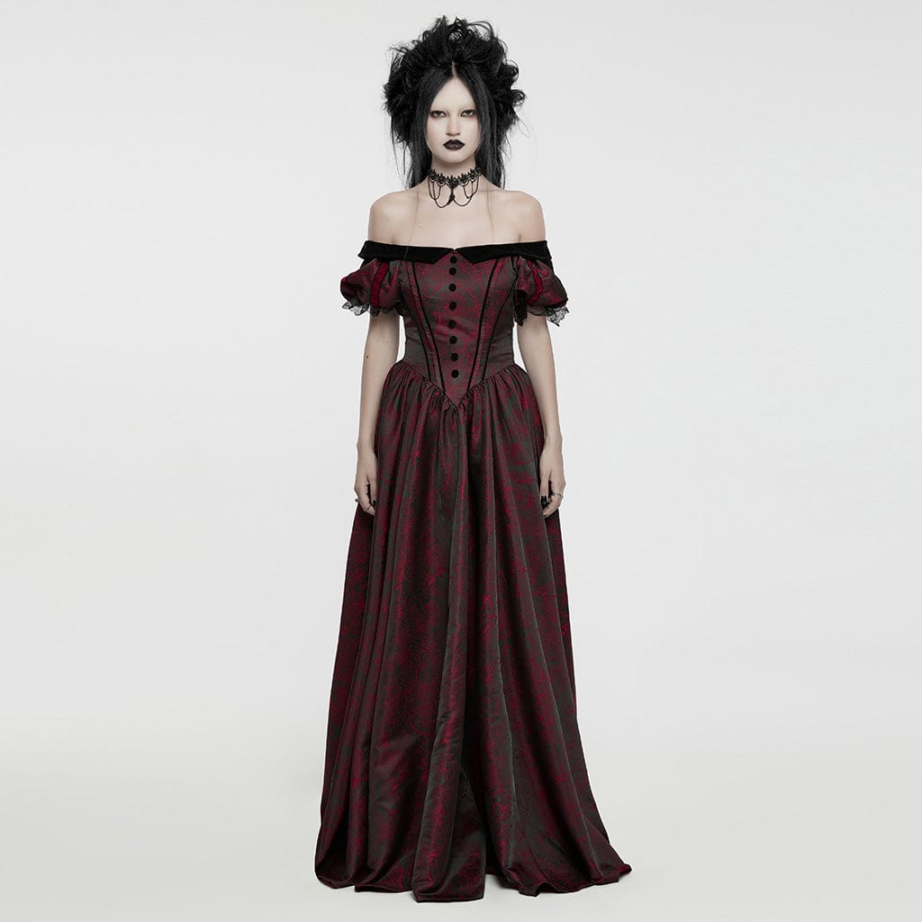 PUNK RAVE Women's Gothic Puff Sleeved Lace-up Formal Dress Red