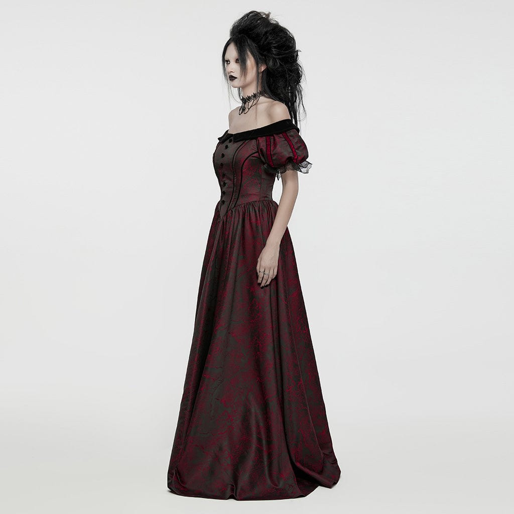 PUNK RAVE Women's Gothic Puff Sleeved Lace-up Formal Dress Red