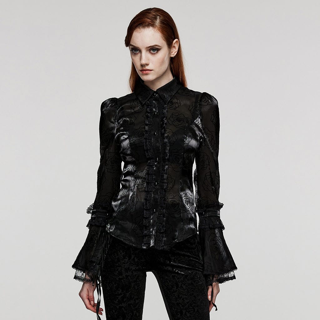 PUNK RAVE Women's Gothic Puff Sleeved Rose Flocking Shirt