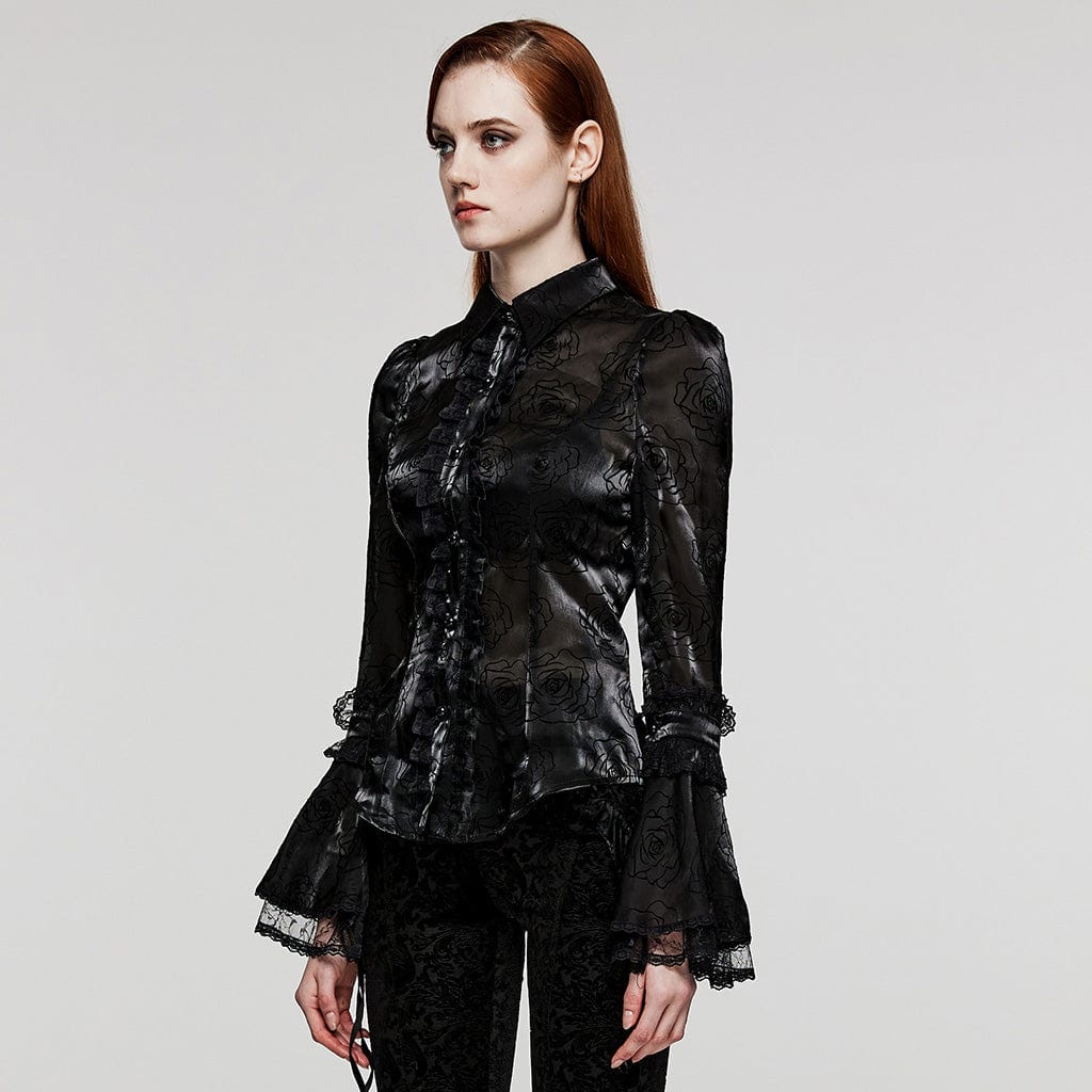 PUNK RAVE Women's Gothic Puff Sleeved Rose Flocking Shirt