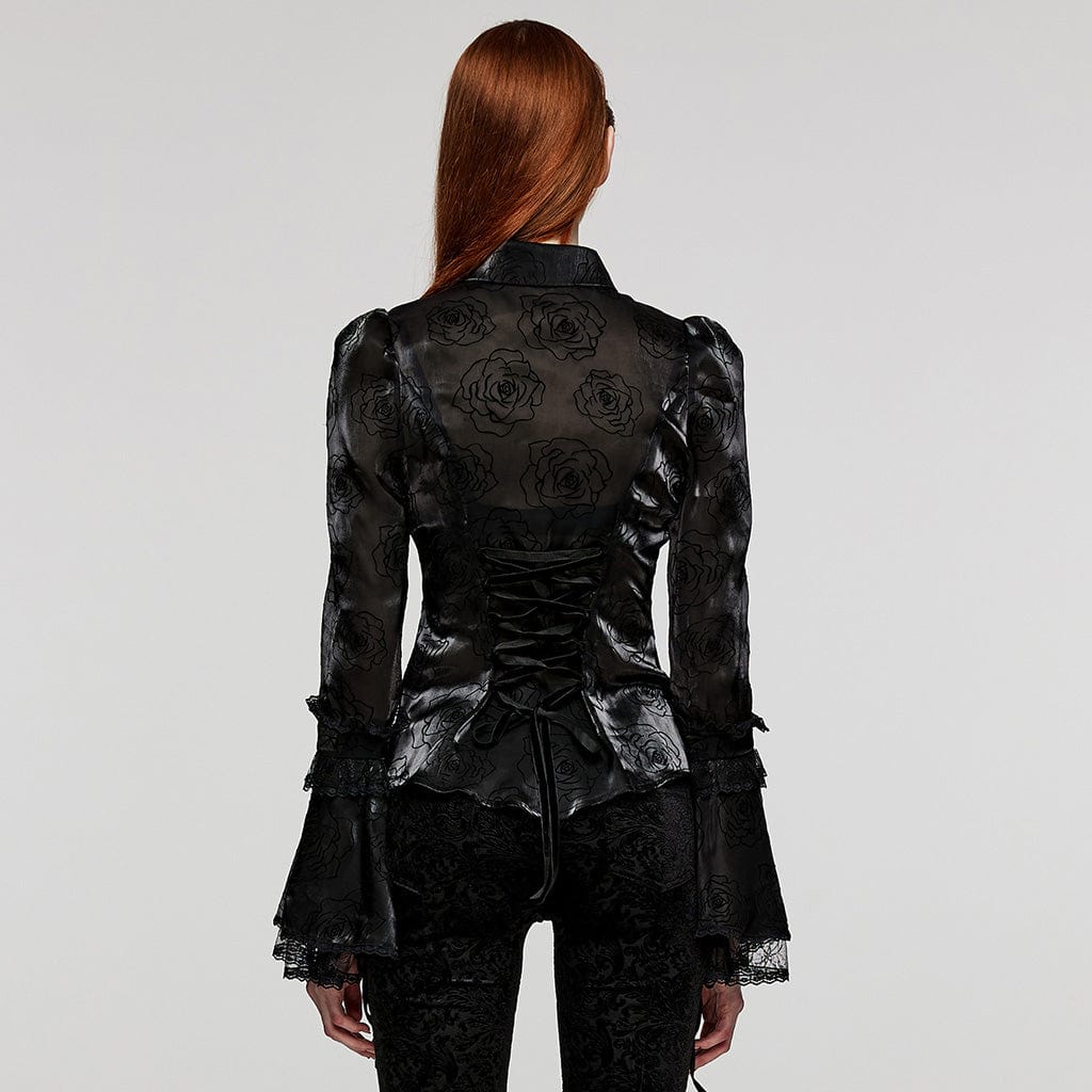 PUNK RAVE Women's Gothic Puff Sleeved Rose Flocking Shirt