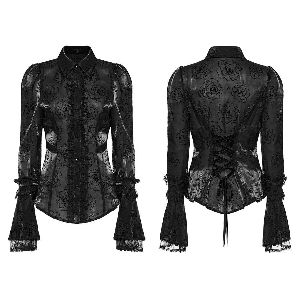 PUNK RAVE Women's Gothic Puff Sleeved Rose Flocking Shirt