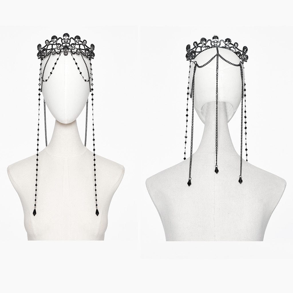 PUNK RAVE Women's Gothic Rhinestone Skull Crown with Beaded Chain