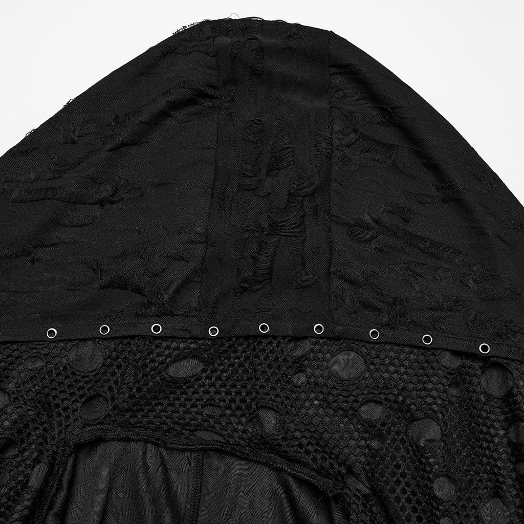 PUNK RAVE Women's Gothic Ripped Mesh Splice Coat with Hood