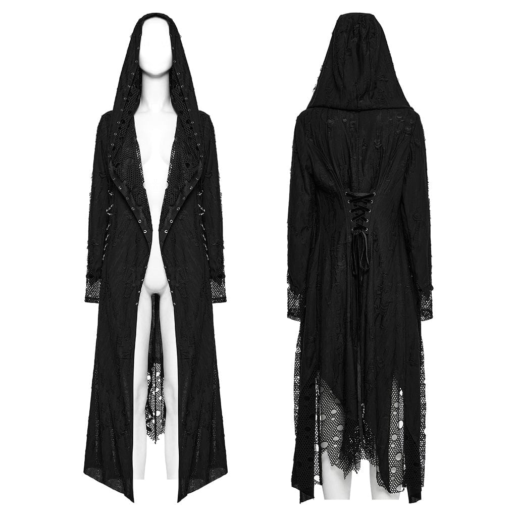PUNK RAVE Women's Gothic Ripped Mesh Splice Coat with Hood