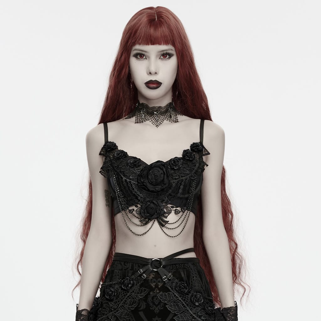 PUNK RAVE Women's Gothic Rose Chain Bralet Black
