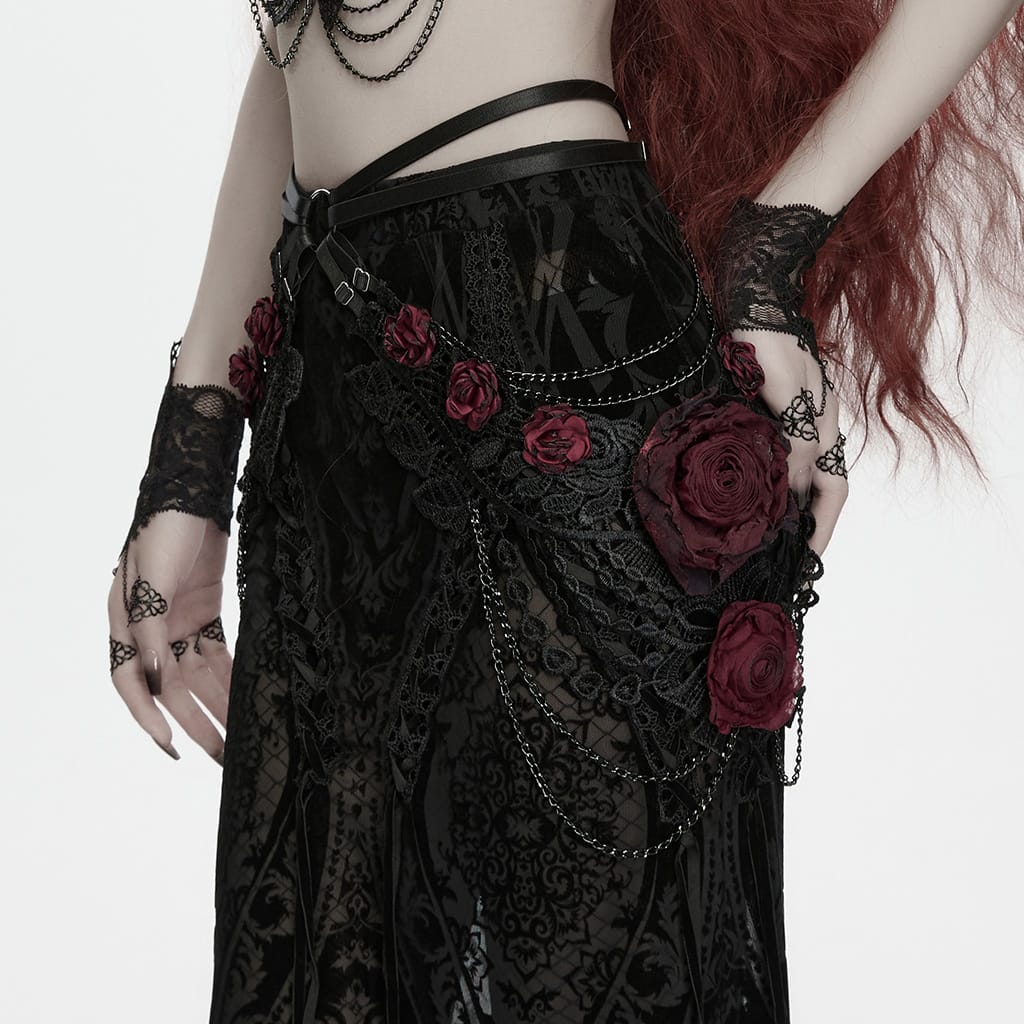 PUNK RAVE Women's Gothic Rose Chain Hip Harness Black-Red