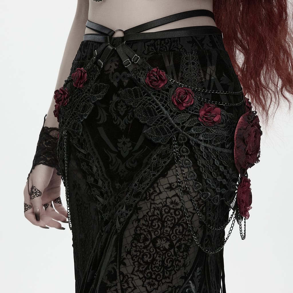 PUNK RAVE Women's Gothic Rose Chain Hip Harness Black-Red