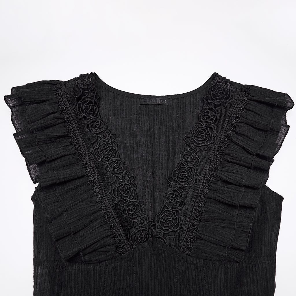 PUNK RAVE Women's Gothic Rose Cutout Plunging Ruffled Sleeveless Maxi Dress