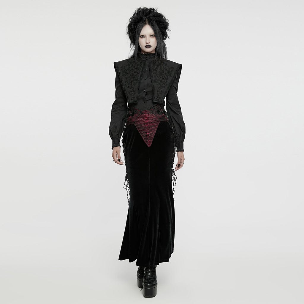PUNK RAVE Women's Gothic Rose Embroidered Lace-up Fishtailed Velvet Skirt Black-Red