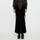 PUNK RAVE Women's Gothic Rose Embroidered Lace-up Fishtailed Velvet Skirt Black-Red