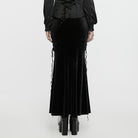 PUNK RAVE Women's Gothic Rose Embroidered Lace-up Fishtailed Velvet Skirt Black-Red