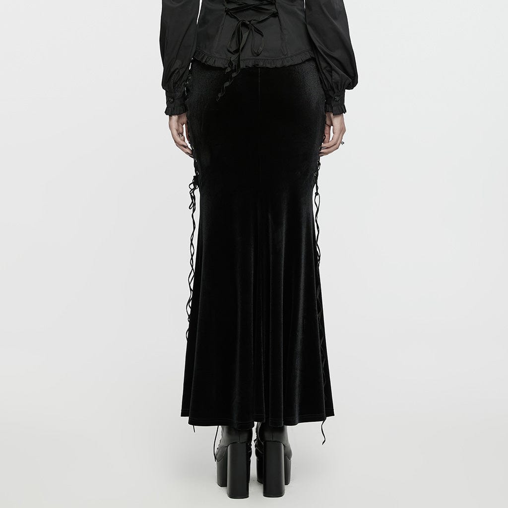 PUNK RAVE Women's Gothic Rose Embroidered Lace-up Fishtailed Velvet Skirt Black-Red
