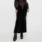 PUNK RAVE Women's Gothic Rose Embroidered Lace-up Fishtailed Velvet Skirt Black-Red