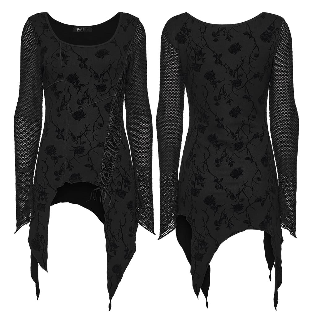 PUNK RAVE Women's Gothic Rose Flocked Lace-up Irregular Hem Long Sleeve Top
