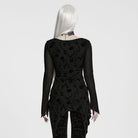 PUNK RAVE Women's Gothic Rose Flocked Lace-up Irregular Hem Long Sleeve Top