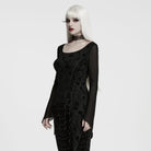PUNK RAVE Women's Gothic Rose Flocked Lace-up Irregular Hem Long Sleeve Top