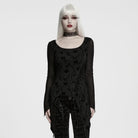 PUNK RAVE Women's Gothic Rose Flocked Lace-up Irregular Hem Long Sleeve Top
