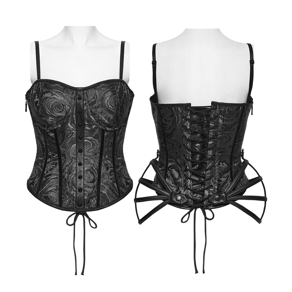 PUNK RAVE Women's Gothic Rose Jacquard Lace-up Overbust Corset Black